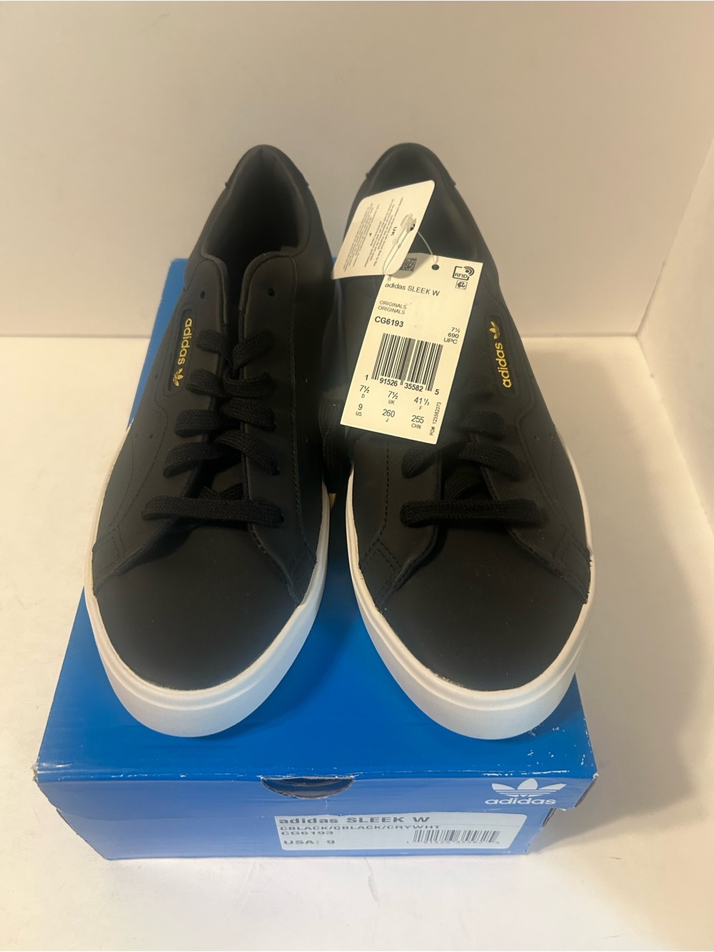 NWT Adidas Black Low-Top Sneakers with White Sole and Gold Logo - Size 9